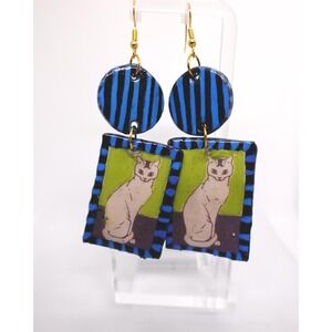 Cat Illustration Polymer Clay Dangle Earrings Vintage Art Jewelry Boho Drops